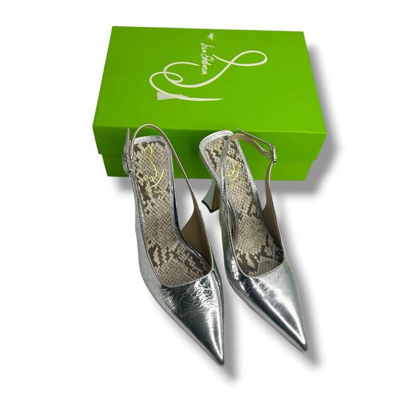 NEW Sam Edelman Odette Slingback Heels Size 8 Metallic Silver Leather Pumps - Picture 8 of 12